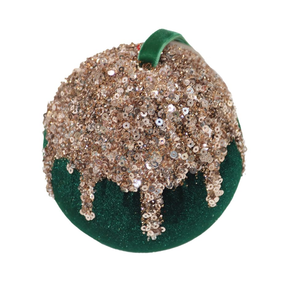 BALL FABRIC VELVET 4" EMERALD/ ROSE GOLD W/ DRIP-LIKE SEQUINS & GLITTER