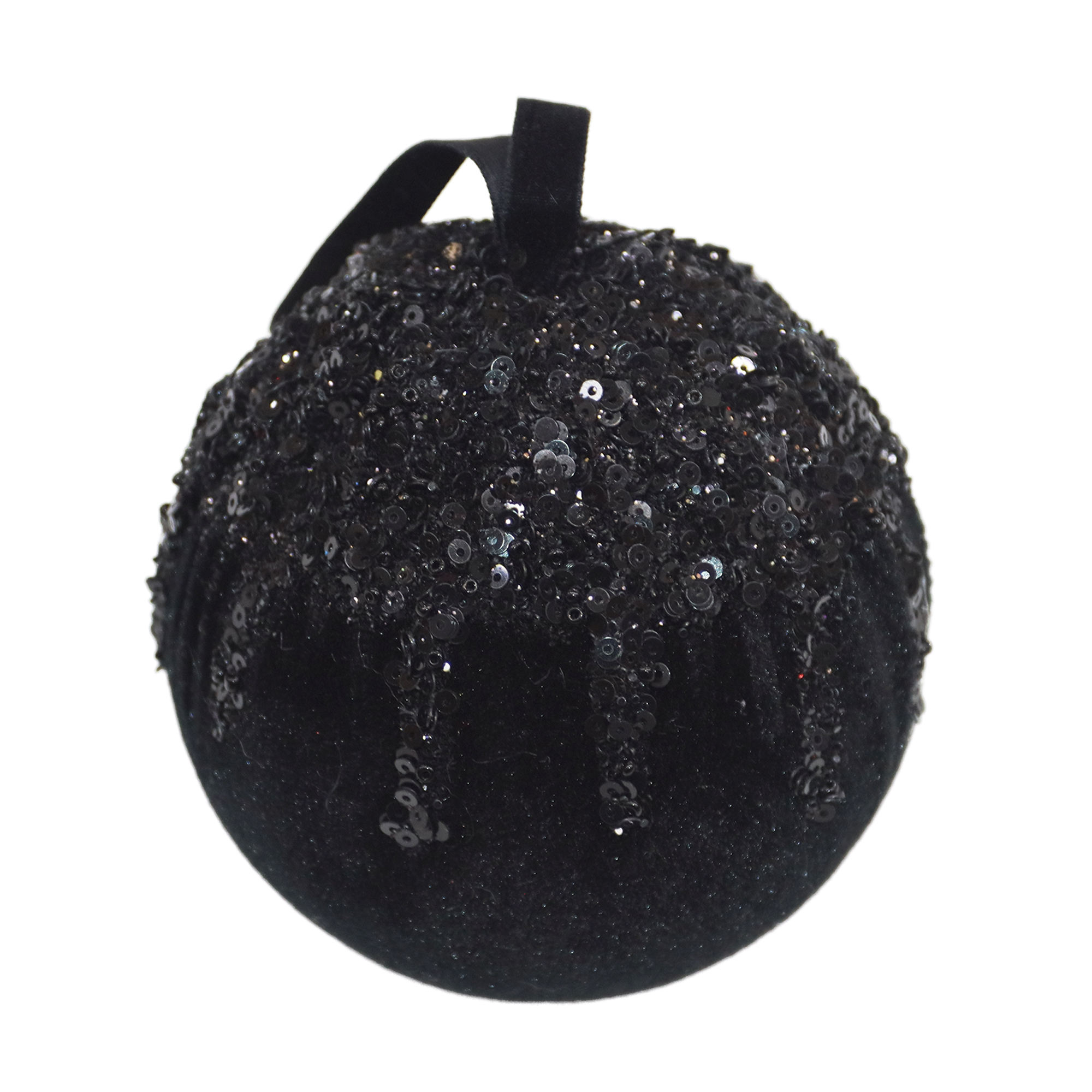 BALL FABRIC VELVET 4" BLACK W/ DRIP-LIKE SEQUINS & GLITTER