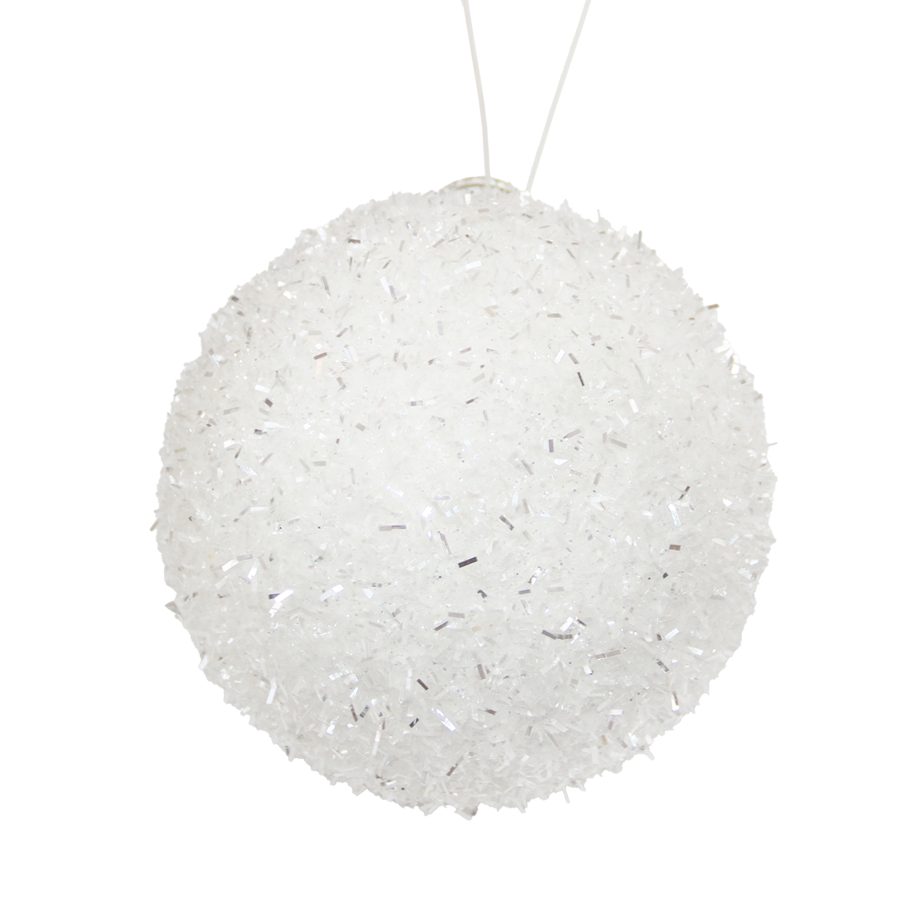 BALL SNOW TEXTURED WHITE 5" W/ SILVER TENSIL