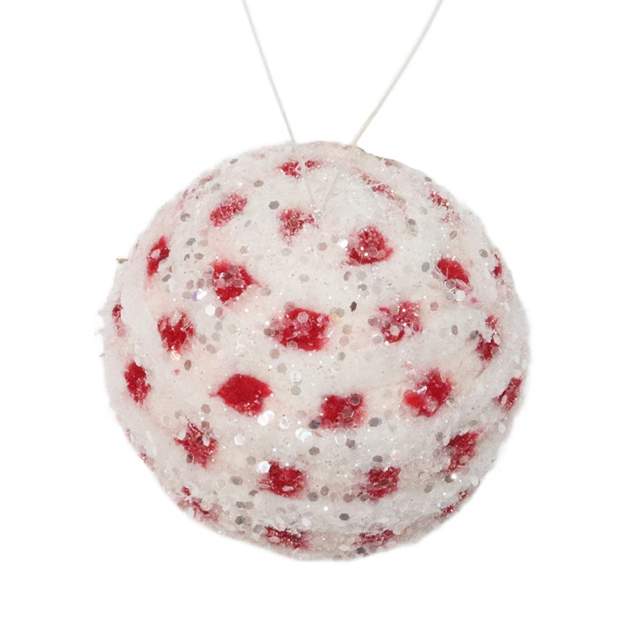 BALL FABRIC FUR/ BOUCLE CANDY CANE 4" WHITE/ RED FROSTED CHECKERED  W/ GLITTER
