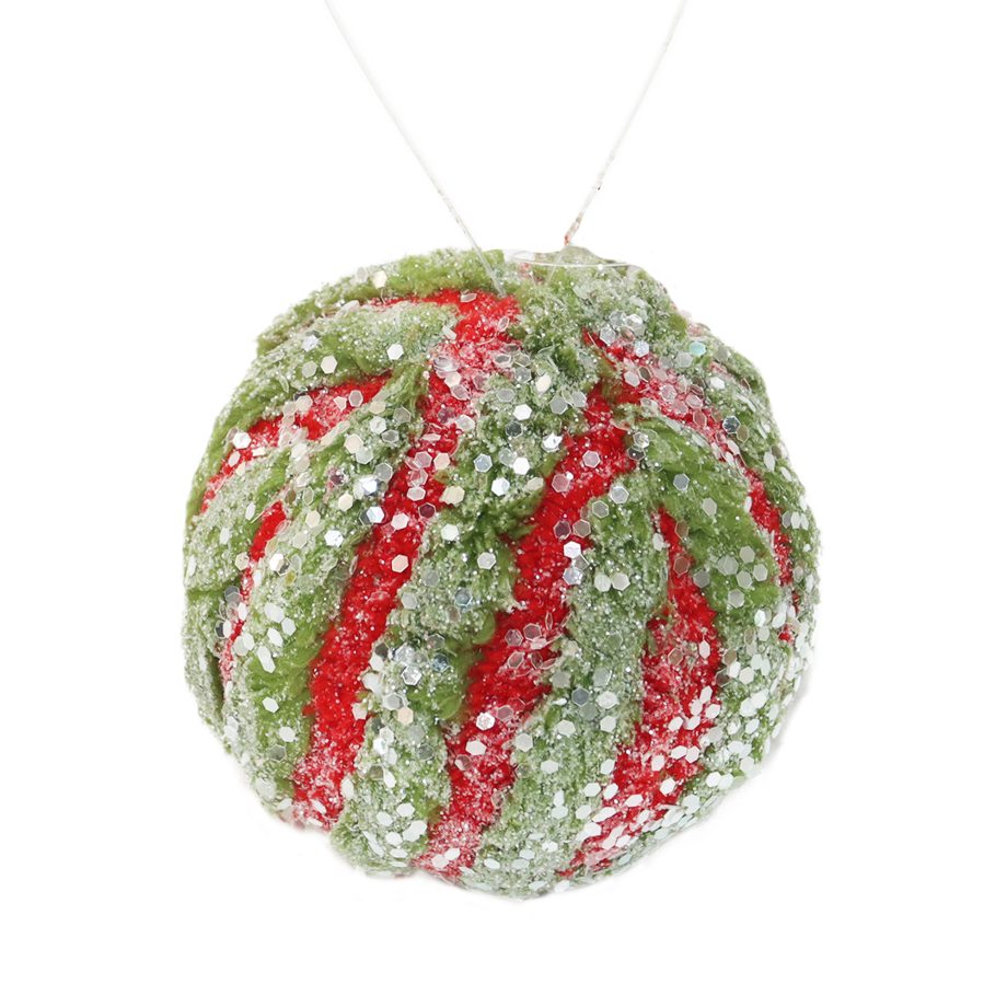BALL FABRIC FUR/ BOUCLE 4" VINTAGE RED/GREEN STRIPES W/ FROSTED GLITTER