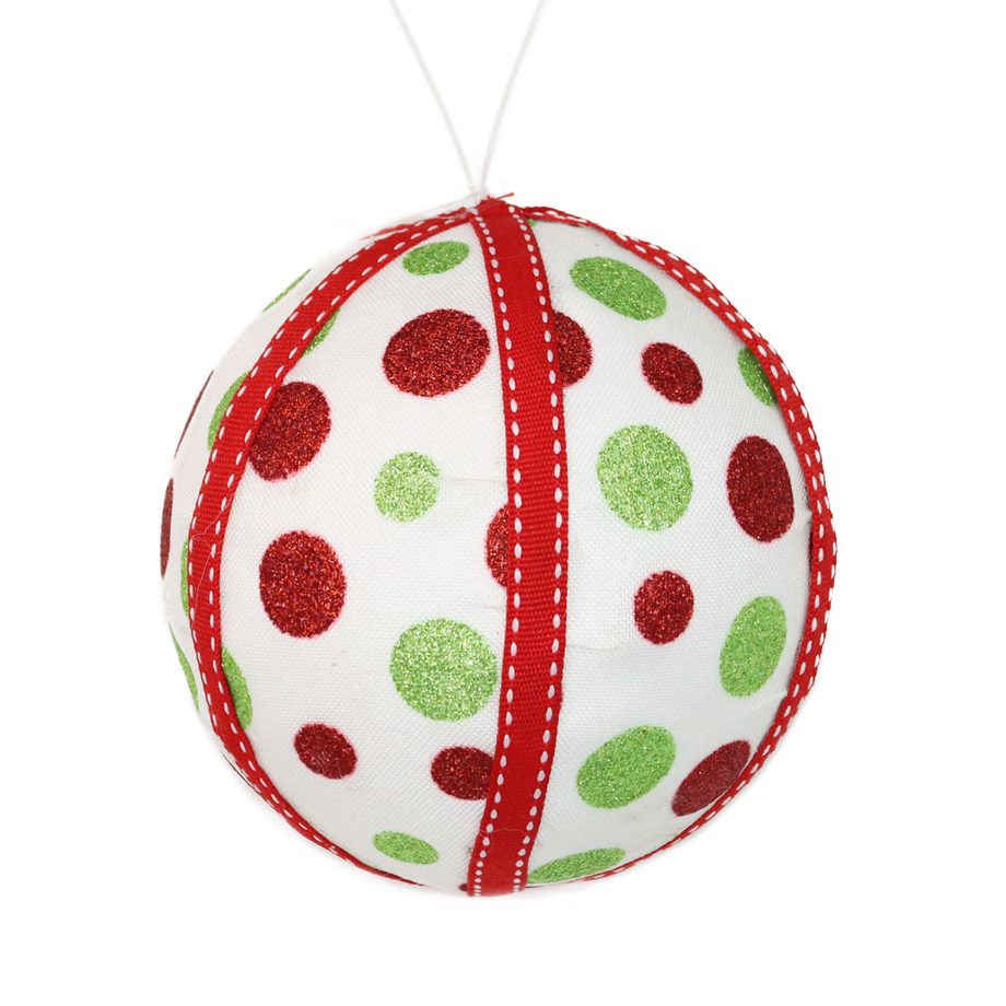 BALL FABRIC DECOR 5" ELF/ GRINCH RED/WHT/GREEN  W/ POLKA DOT GLITTER