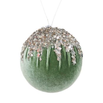 BALL FABRIC VELVET 4" SAGE W/ DRIP-LIKE SEQUINS & GLITTER