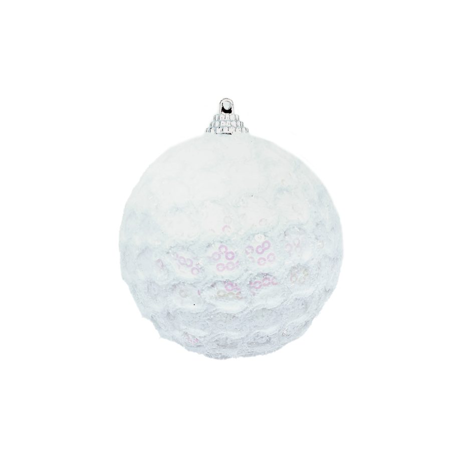 BALL FABRIC MESH 3" WHITE W/ SEQUINS