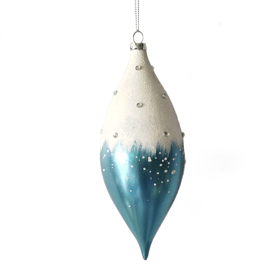 ORN. FINIAL SNOWED 7" WHITE/BLUE W/ JEWEL