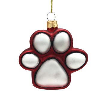ORN GLASS 3.5" RED/WHITE PAW PRINT