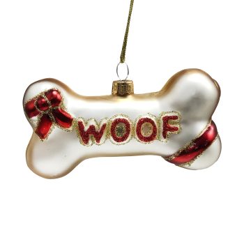 ORN GLASS DOG BONE FROSTED/RED 6.8 W/ GOLD "WOOF" & GLITTER