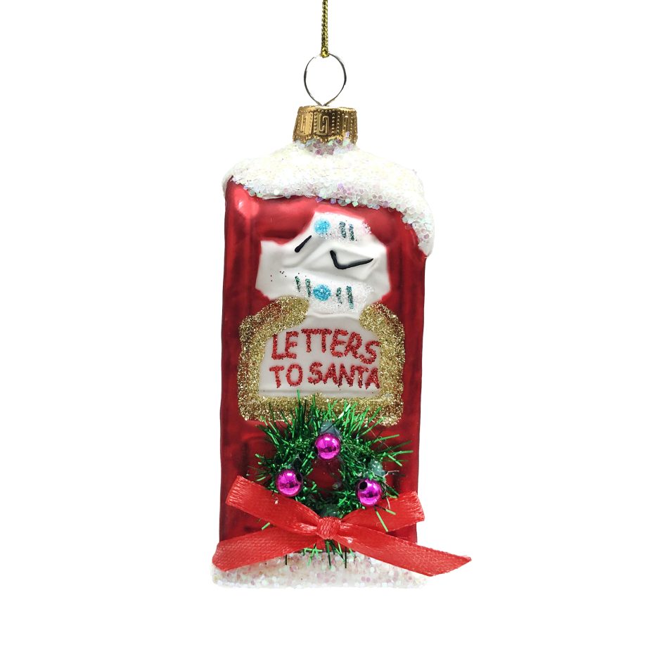 ORN GLASS MAILBOX RED 12 W/ A SNOWY TOP W/ "LETTERS TO SANTA" & GLITTER