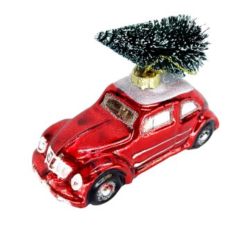 ORN GLASS VINTAGE CAR SHINY RED 2.5" W/ TREE ATOP