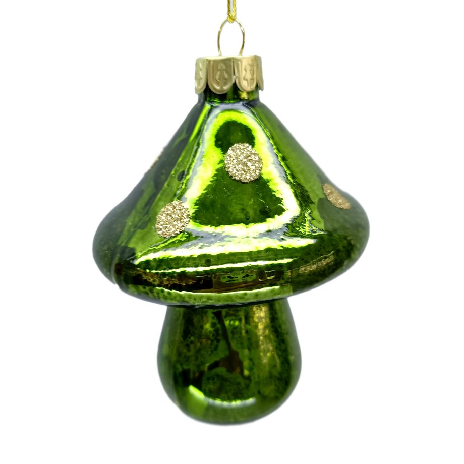 ORN GLASS MUSHROOM MERCURY ANTIQUE GREEN 3" POLKA DOT GLITTER