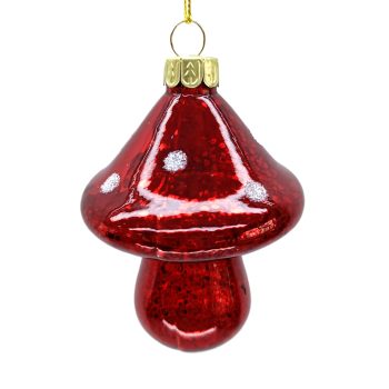 ORN GLASS MUSHROOM MERCURY ANTIQUE RED 3" POLKA DOT GLITTER