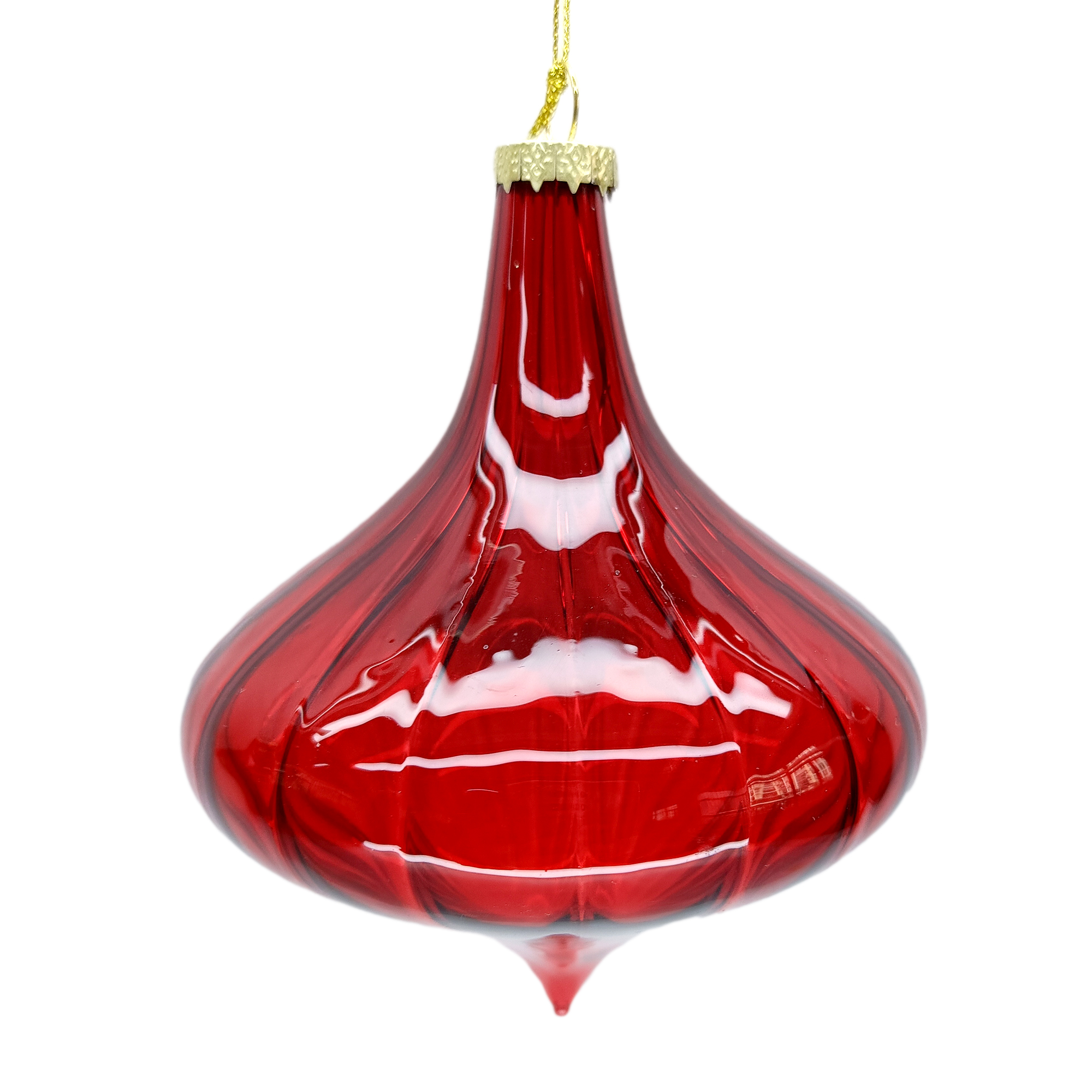 ORN GLASS ONION MERCURY/CLEAR RED 4" SWIRL PATTERN