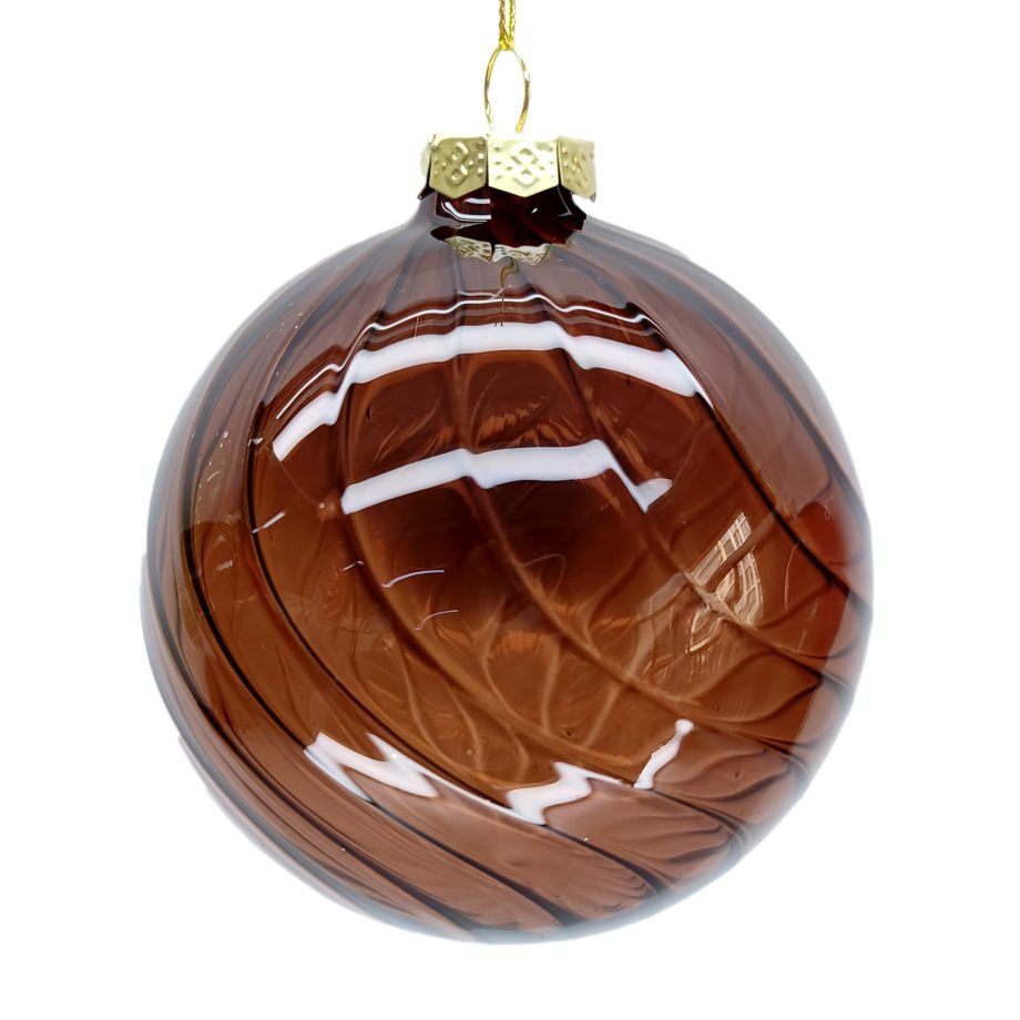 ORN GLASS BALL 4" CLEAR COFFEE SWIRL PATTERN