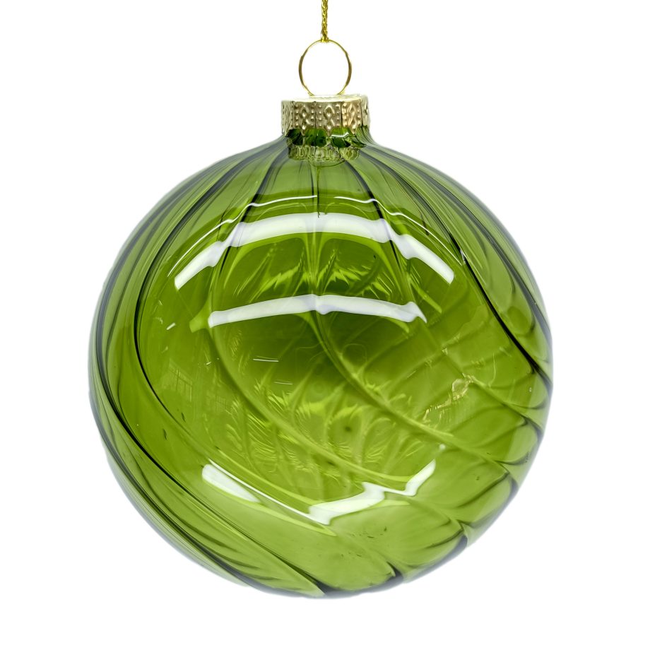 ORN GLASS BALL 4" CLEAR GREEN SWIRL PATTERN