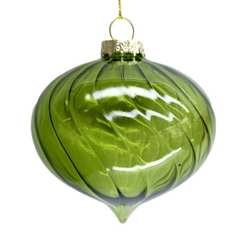 ORN GLASS ONION 3" CLEAR GREEN SWIRL PATTERN