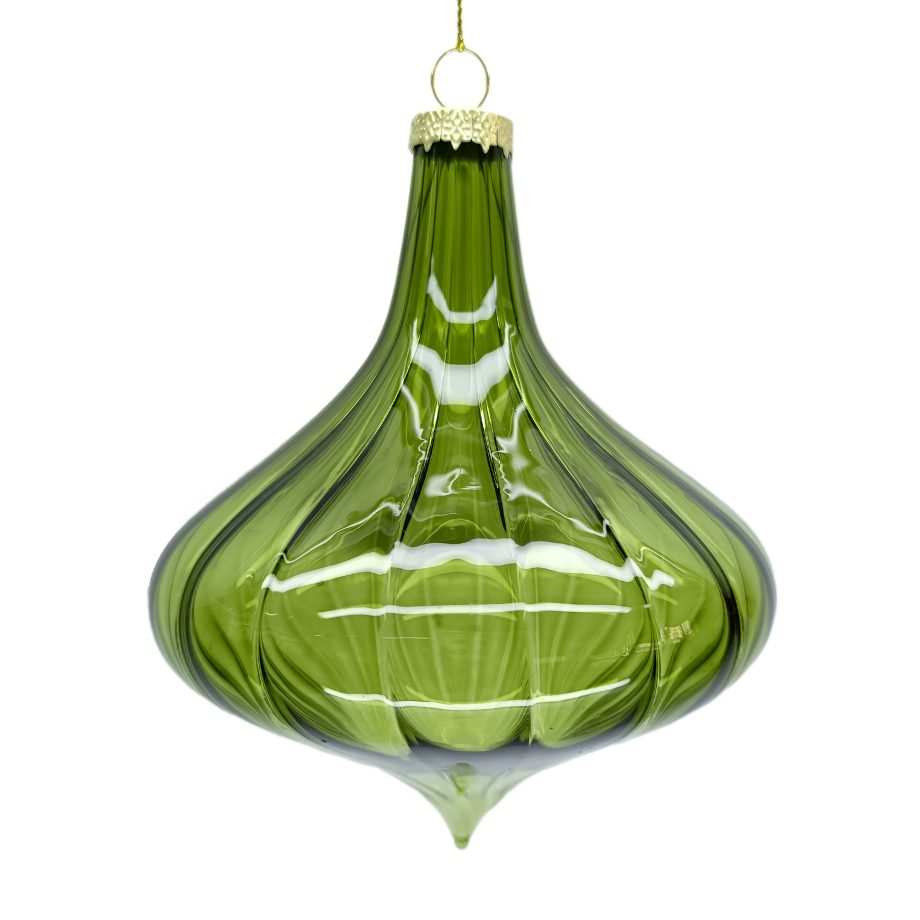 ORN GLASS FINIAL 4" CLEAR GREEN SWIRL PATTERN