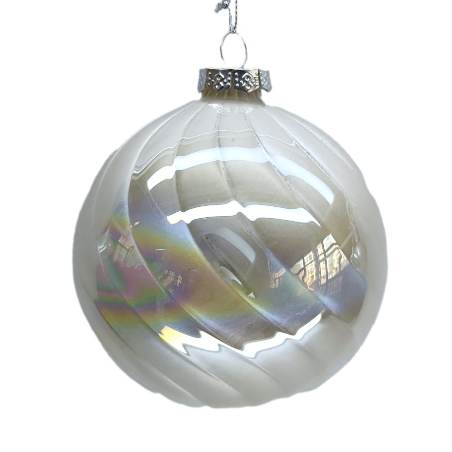 ORN GLASS BALL 4" WHITE PEARL IRR. SWIRL PATTERN