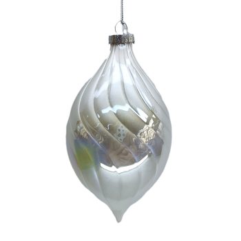 ORN GLASS FINIAL 5.5" WHITE PEARL IRR. SWIRL PATTERN