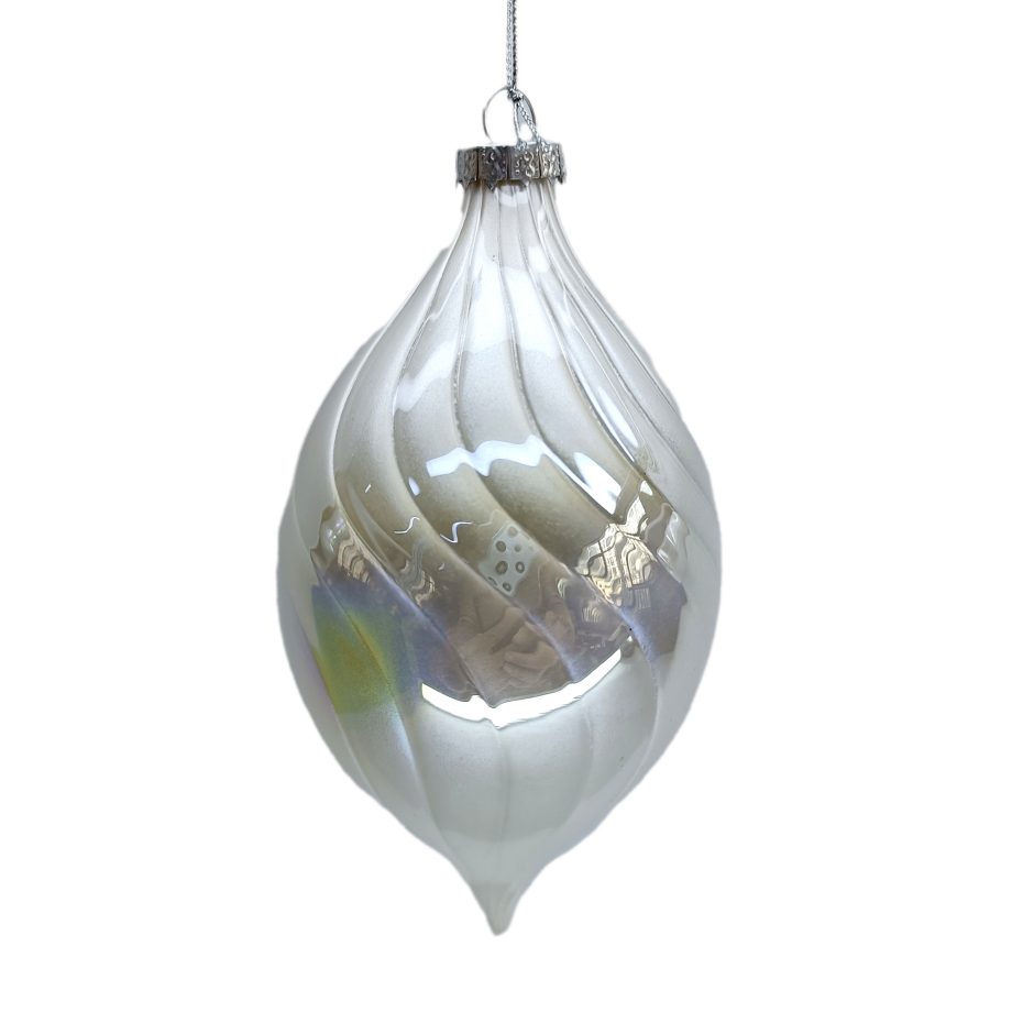 ORN GLASS FINIAL 5.5" WHITE PEARL IRR. SWIRL PATTERN