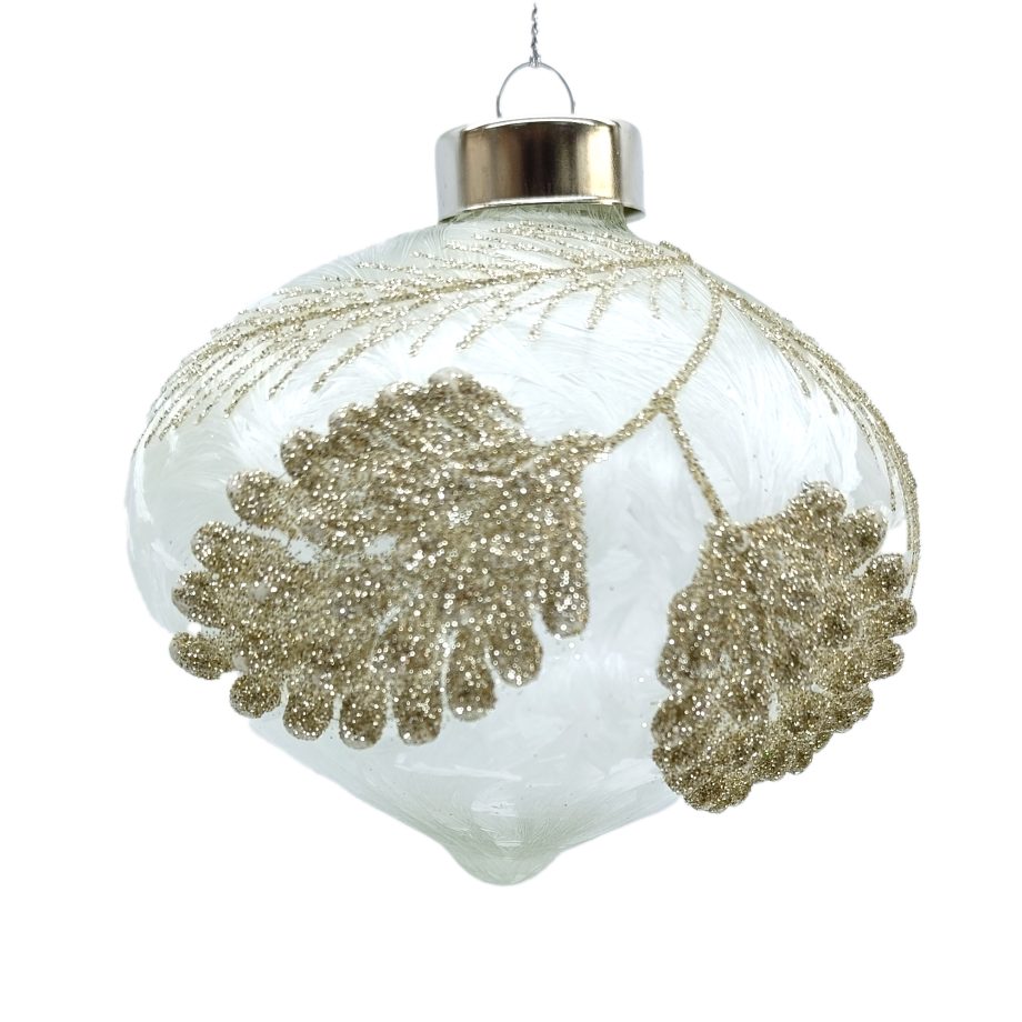 ORN GLASS ONION 4" WHITE FROST W/ GLITTER NEEDLE PINE & PINE CONE