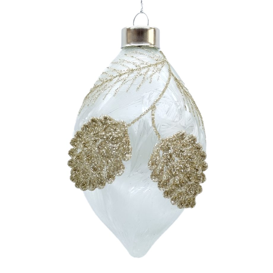 ORN GLASS FINIAL 5.5" WHITE FROST W/ GLITTER NEEDLE PINE & PINE CONE