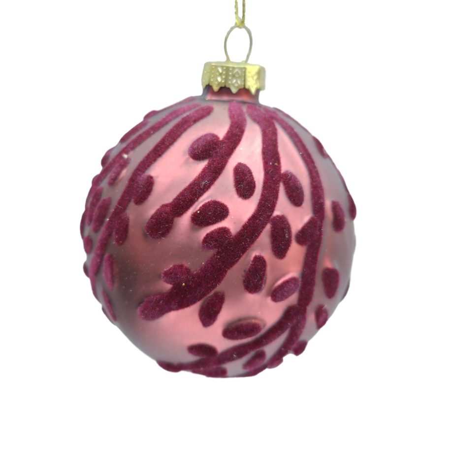 ORN GLASS BALL 3" RED MATTE FLOCKED LEAF VINE
