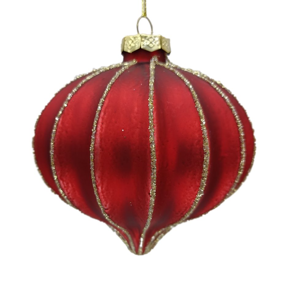 ORN GLASS ONION 4" RED MATTE MELON RIBBED W/ GLITTER