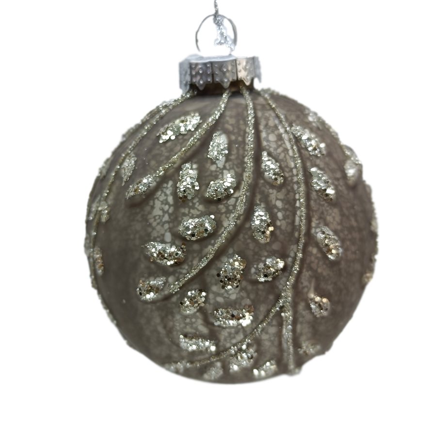 ORN GLASS BALL 3" COFFEE MATTE MERCURY FIN.  W/ GLITTER LEAF VINE
