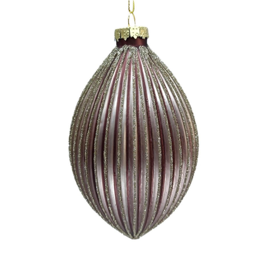ORN GLASS FINIAL 5.5" ROSE GOLD MATTE MELON RIBBED W/ GLITTER