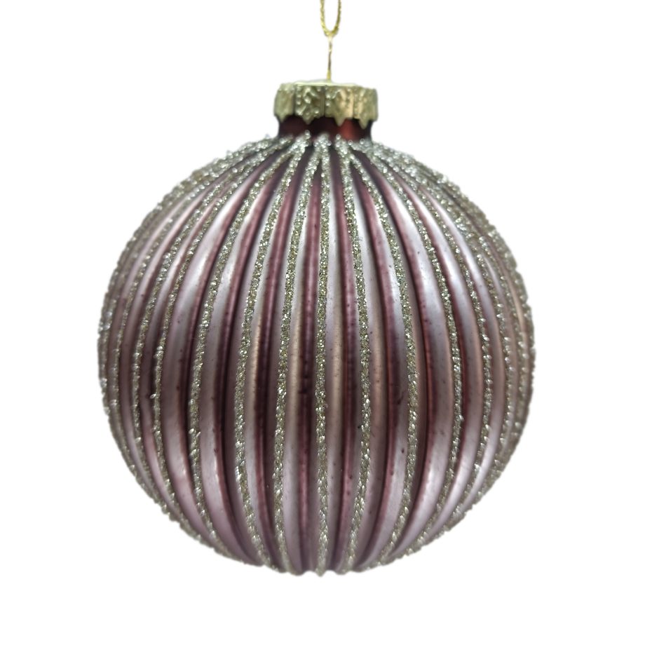 ORN GLASS BALL 3" ROSE GOLD MATTE MELON RIBBED W/ GLITTER