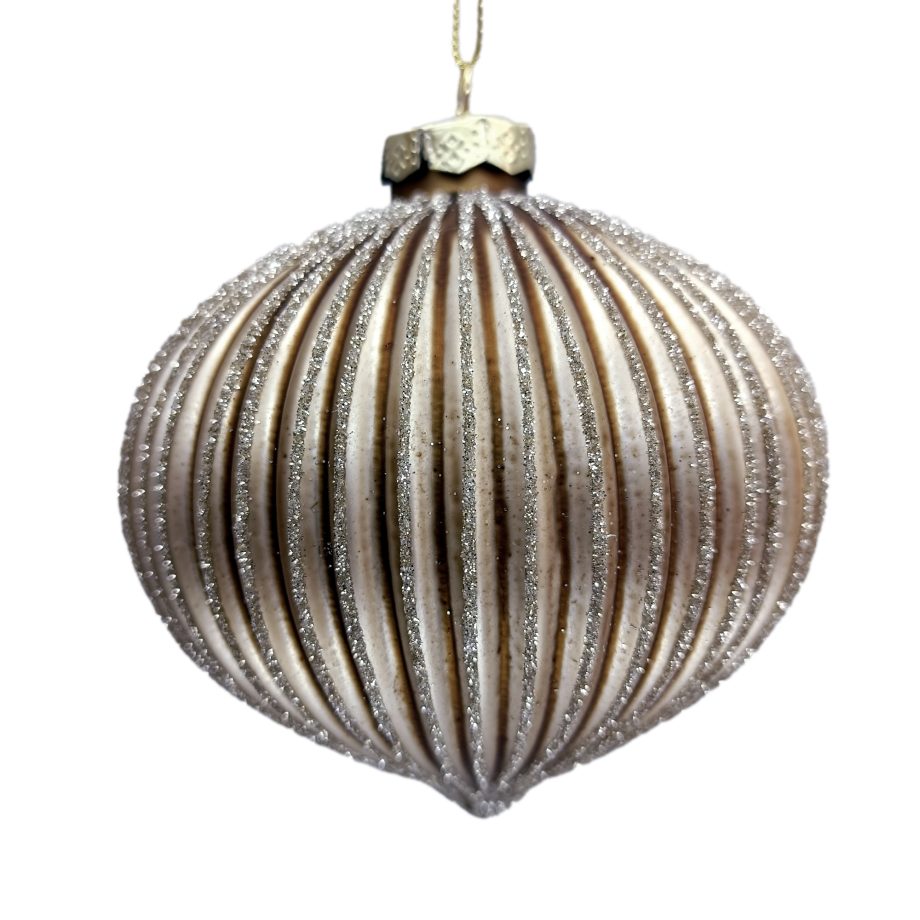 ORN GLASS ONION 4" GOLD MATTE MELON RIBBED W/ GLITTER
