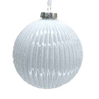 ORN GLASS BALL 4" WHITE SHINY MELON RIBBED W/ GLITTER