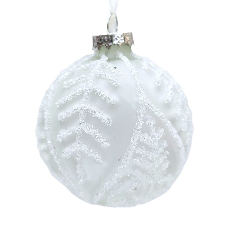 ORN GLASS BALL 3" WHITE FROST W/ GLITTER LEAF PATTERN