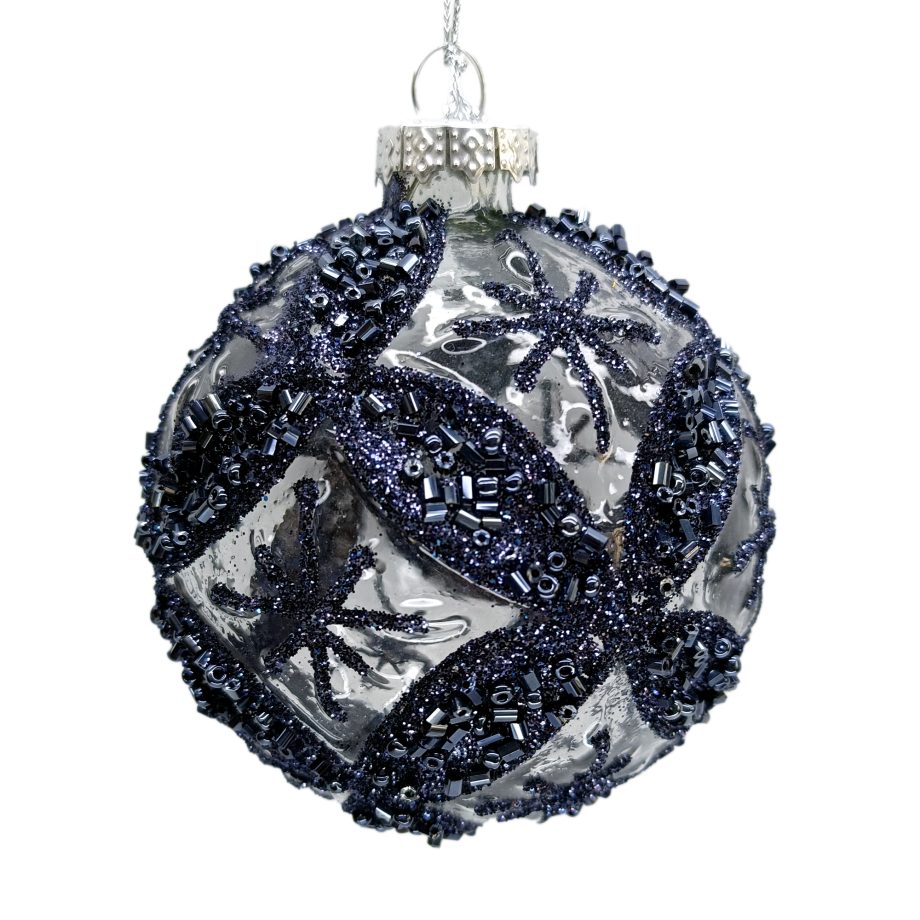 ORN GLASS BALL 3" CLEAR BLUE FLORAL GLITTER & BEADS
