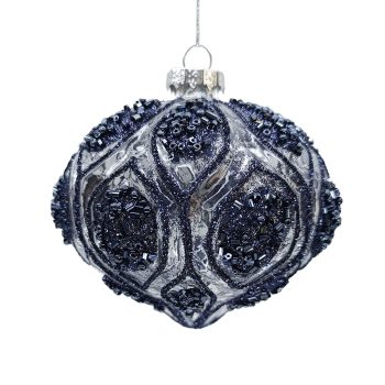ORN GLASS ONION 4" CLEAR BLUE W/ GLITTER & BEAD PEACOCK PTRN.