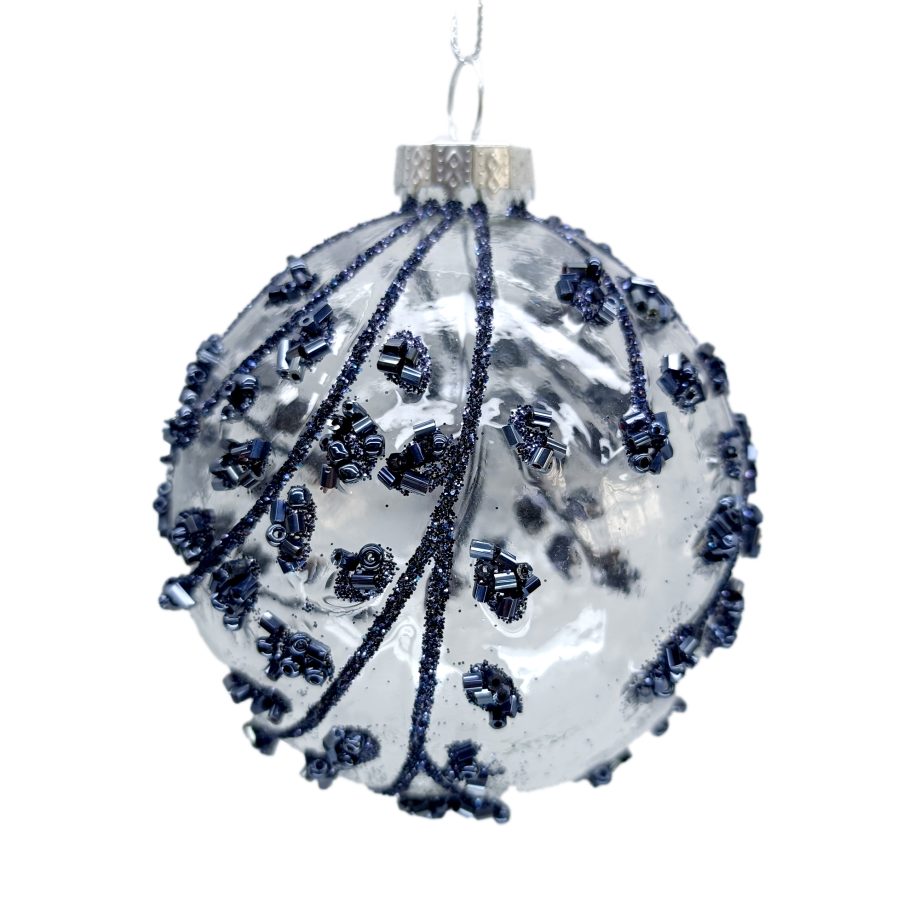 ORN GLASS BALL 3" CLEAR BLUE GLITTER/BEAD LEAF VINE