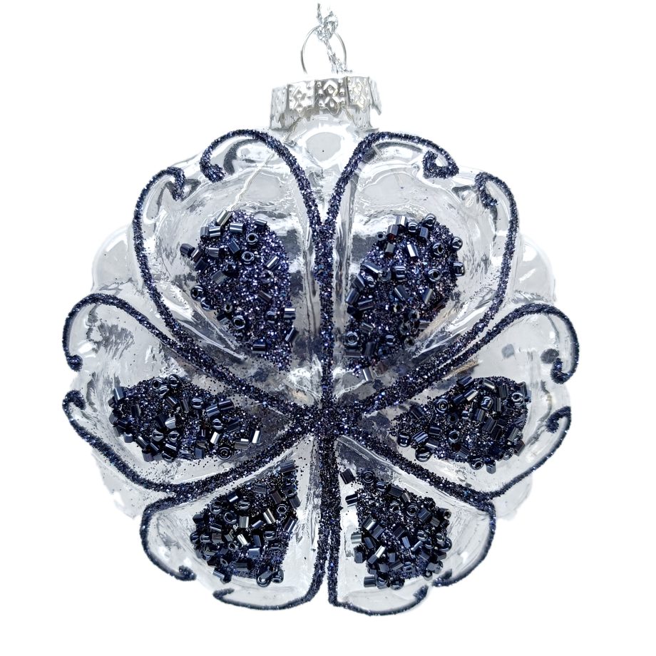 ORN GLASS BALL 4" CLEAR BLUE FLOWER BEADS & GLITTER PATTERN