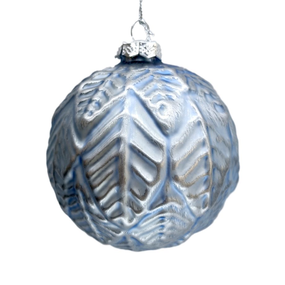 ORN GLASS BALL 4" BLUE MATTE  EMBOSSED MAGNOLIA LEAF