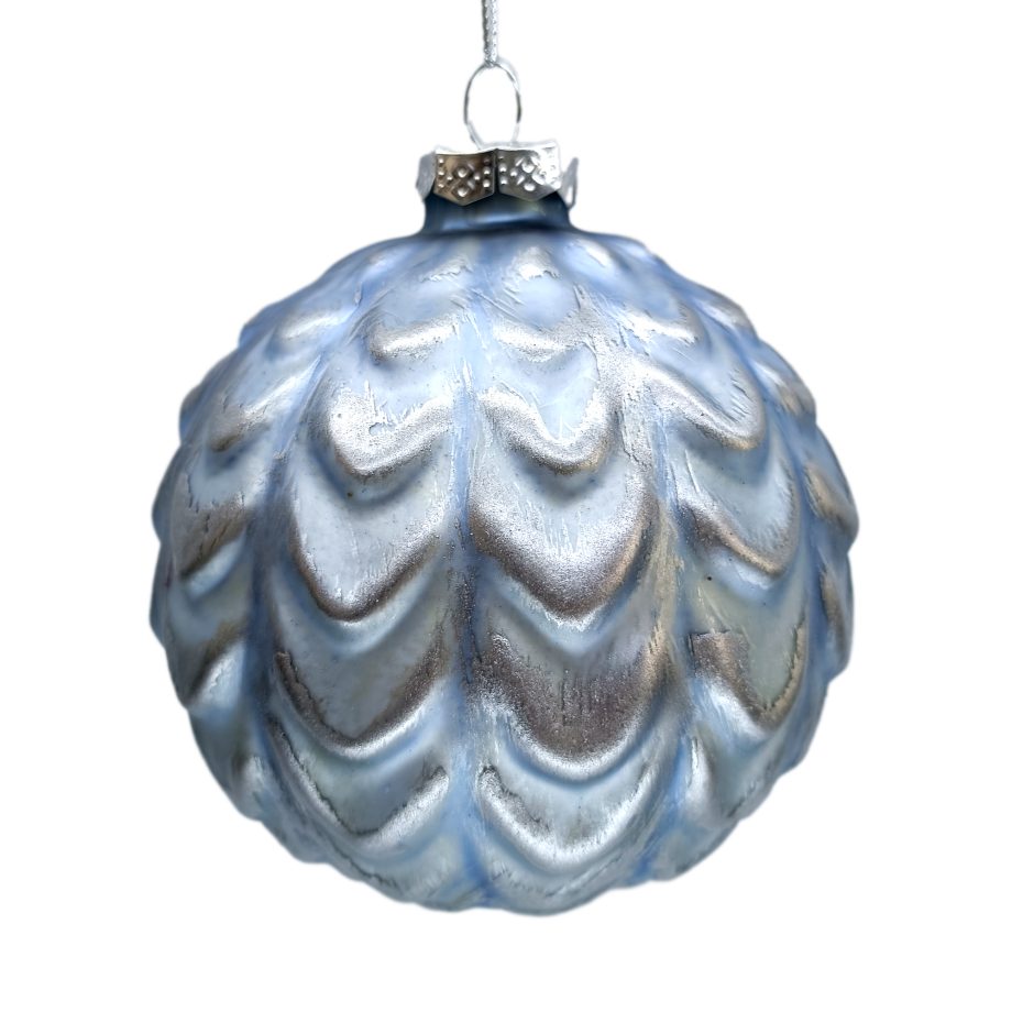 ORN GLASS BALL 4" BLUE MATTE  EMBOSSED SCALLOP