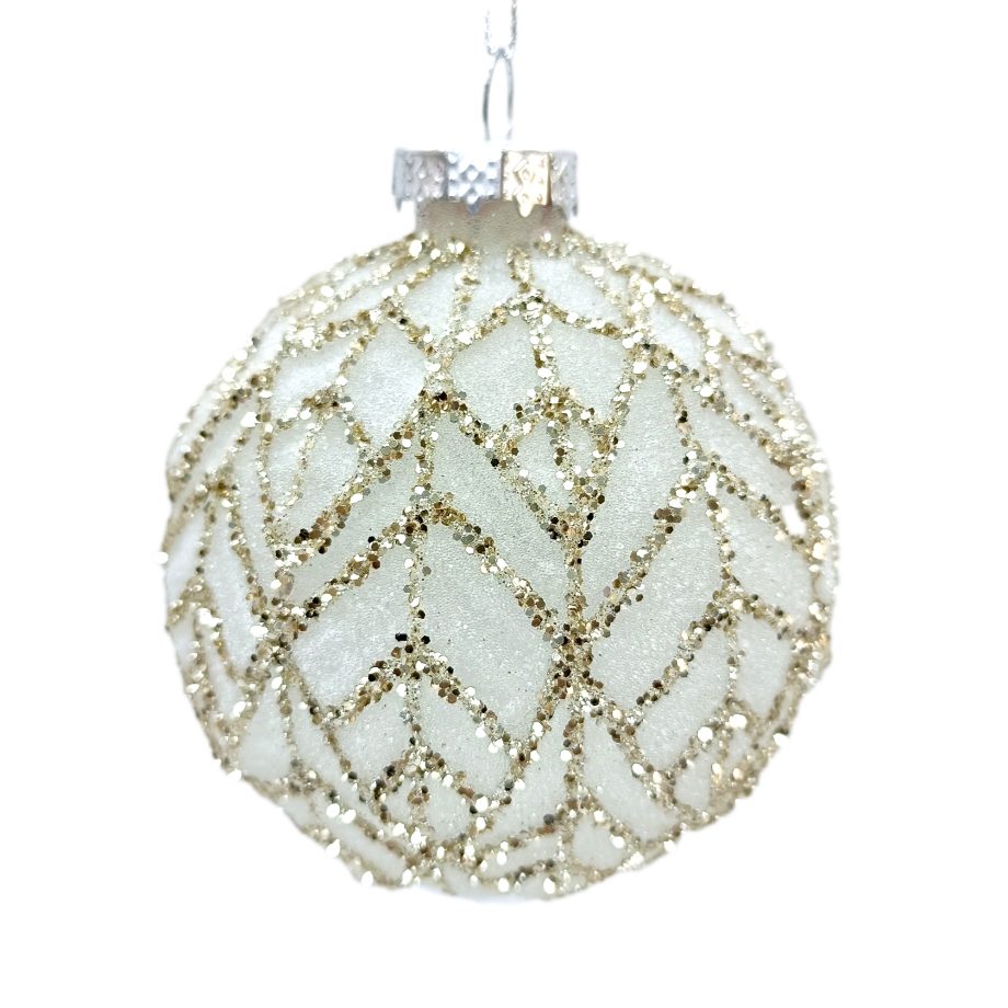 ORN GLASS BALL 3" WHITE FROST CHAMPAGNE GLITTER MAGNOLIA LEAF