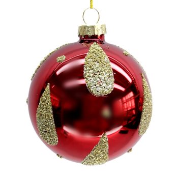 ORN GLASS BALL 3" RED SHINY W/ GLITTER TEARDROPS