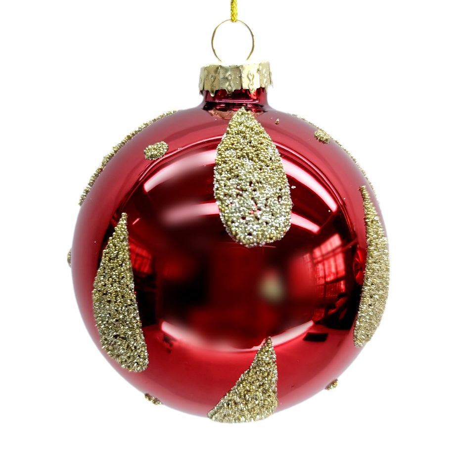 ORN GLASS BALL 3" RED SHINY W/ GLITTER TEARDROPS