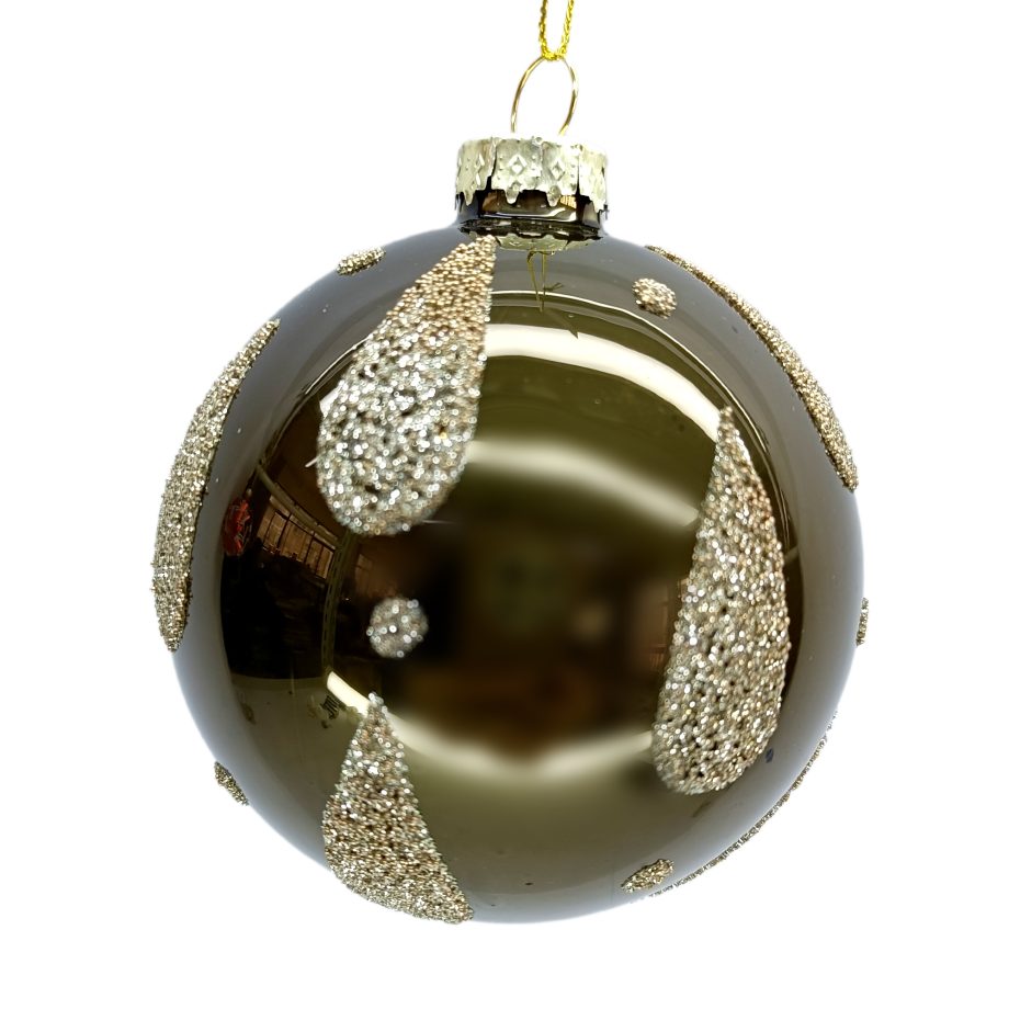 ORN GLASS BALL 3" GREEN MOSS W/ BEADED & GLITTER TEARDROP