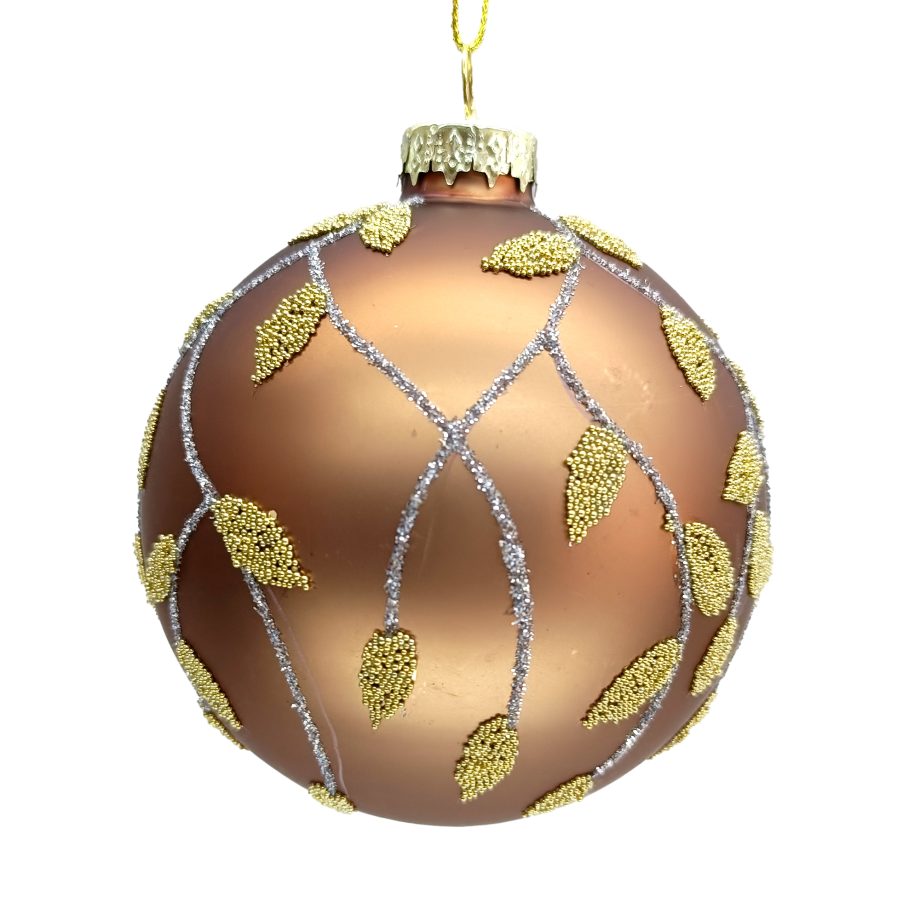 ORN GLASS BALL 3" COFFEE MATTE  LEAF VINE BEAD/GLITTER