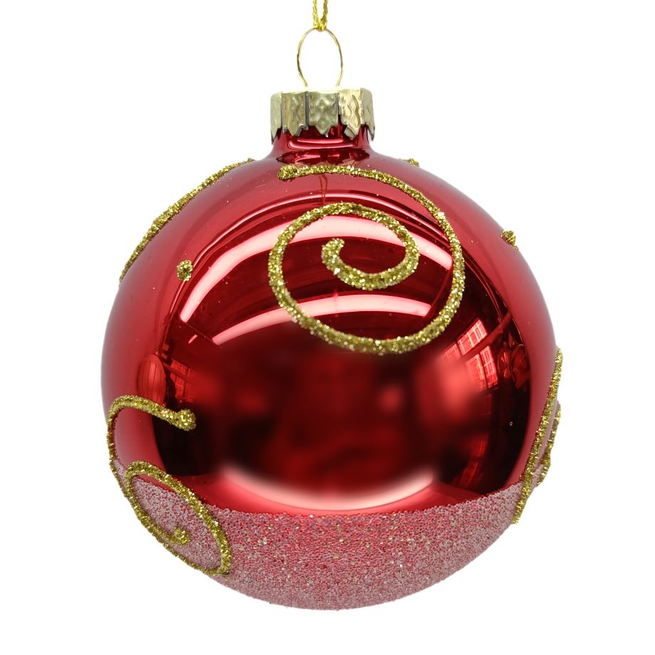 ORN GLASS BALL 3" RED SHINY HALF FROSTED W/ SWIRL GLITTER