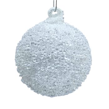 ORN GLASS BALL 3" WHITE FROSTED W/ BEADS & GLITTER