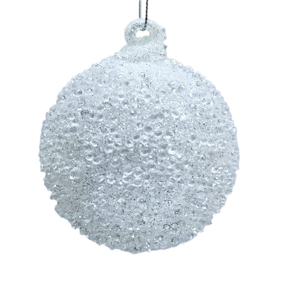 ORN GLASS BALL 3" WHITE FROSTED W/ BEADS & GLITTER