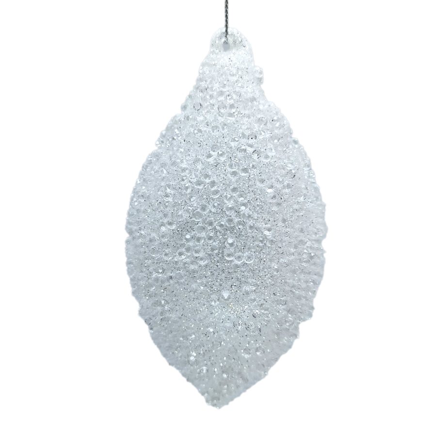 ORN GLASS FINIAL 5" WHITE FROSTED W/ BEADS & GLITTER