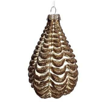 ORN GLASS DROP 5" COFFEE MATTE W/ GLITTER SCALLOP