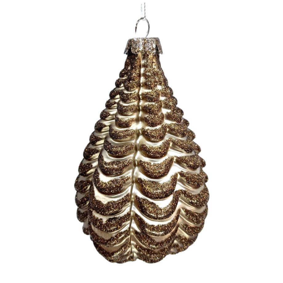 ORN GLASS DROP 5" COFFEE MATTE W/ GLITTER SCALLOP